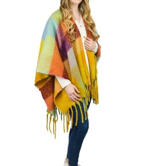 NWOT Time & Tru Vibrant Warm Boho Work or Play Plaid Fringe Open Front Poncho - Picture 2 of 8